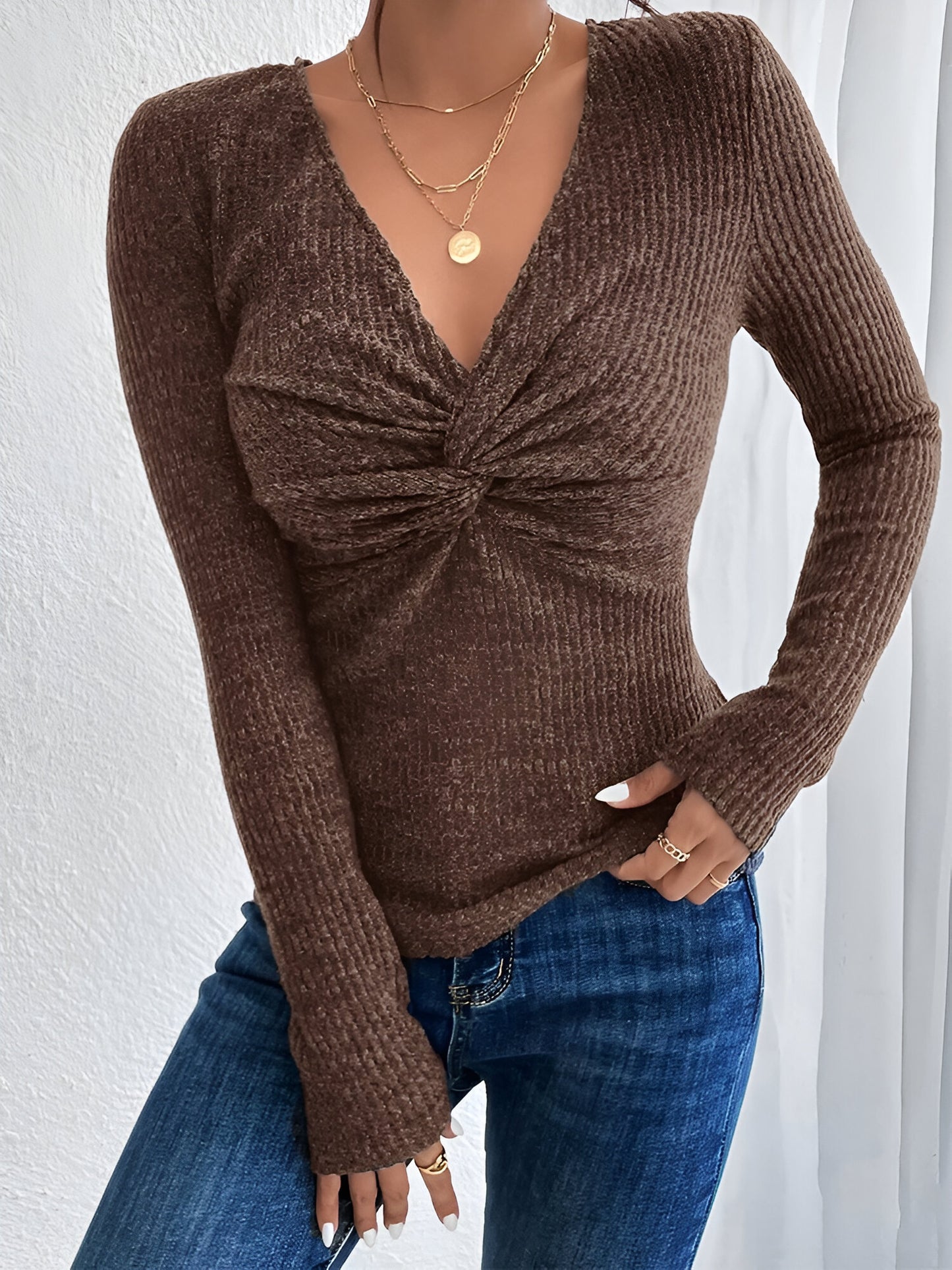 Diamond Dazzle: V-Neck Flared Sleeve Sweater