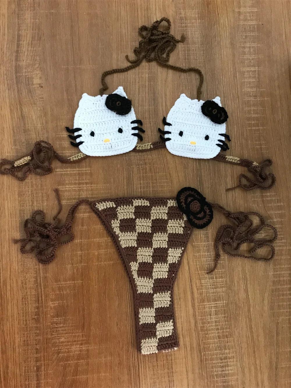 Meow Magic: Hello Kitty Crochet Brown Bikini Set 