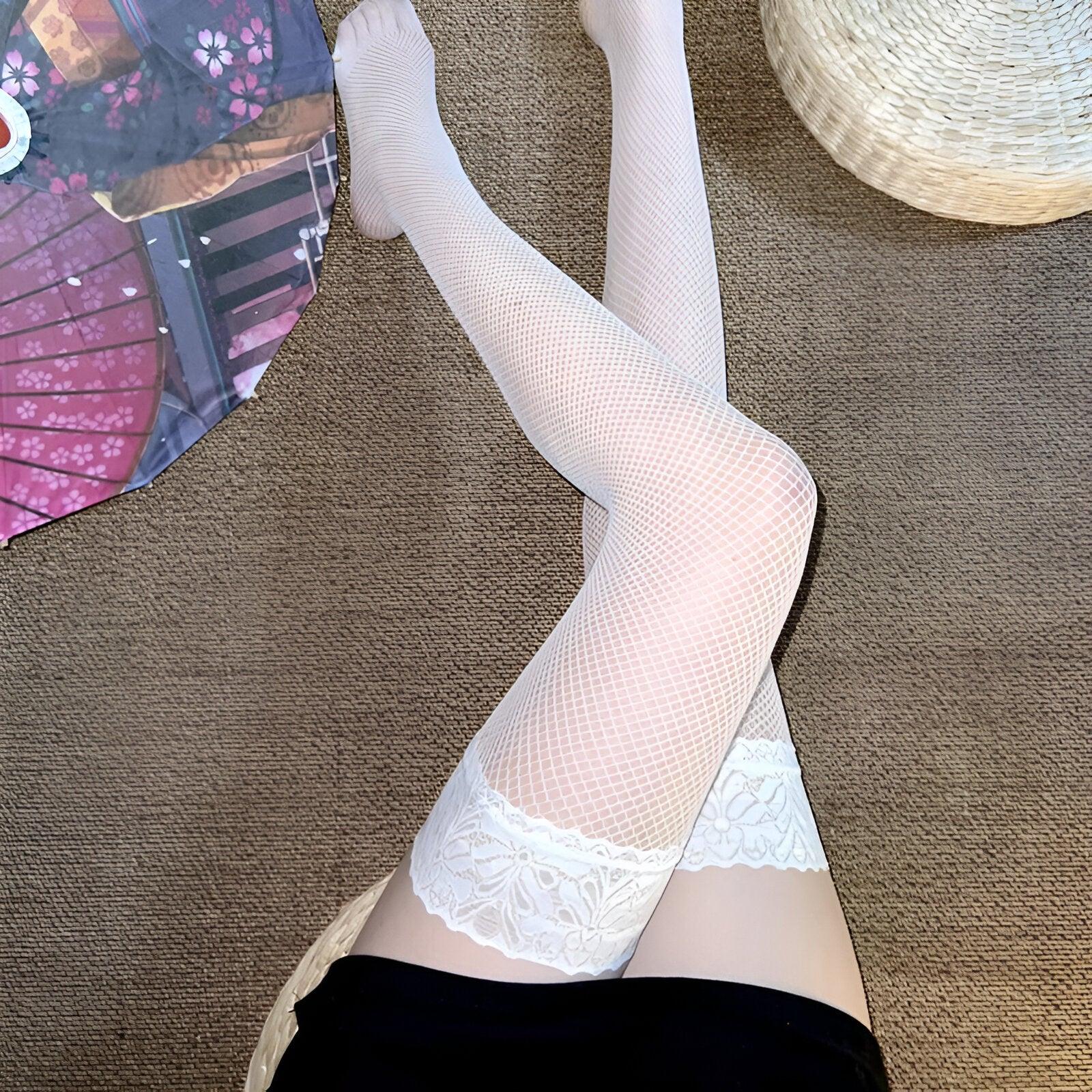 Seductive Mesh White Lace Stay Up Stockings