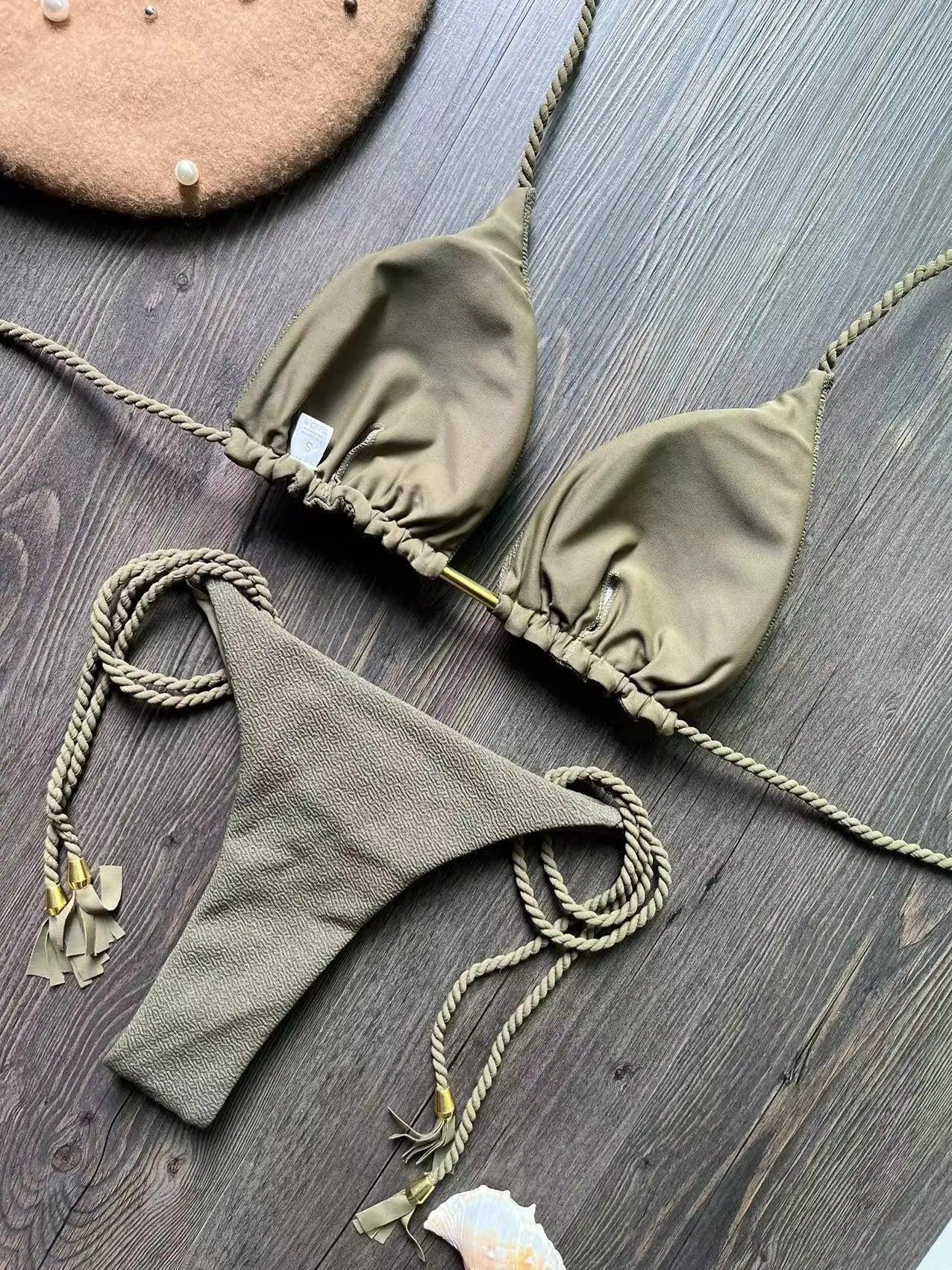 Sexy Braided Rope Bandage Bikini Set: Triangle Swimwear