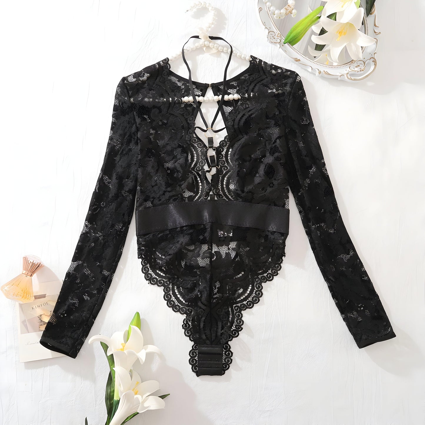 Temptation Unveiled: Sheer Lace Mesh Seduction Black Jumpsuit