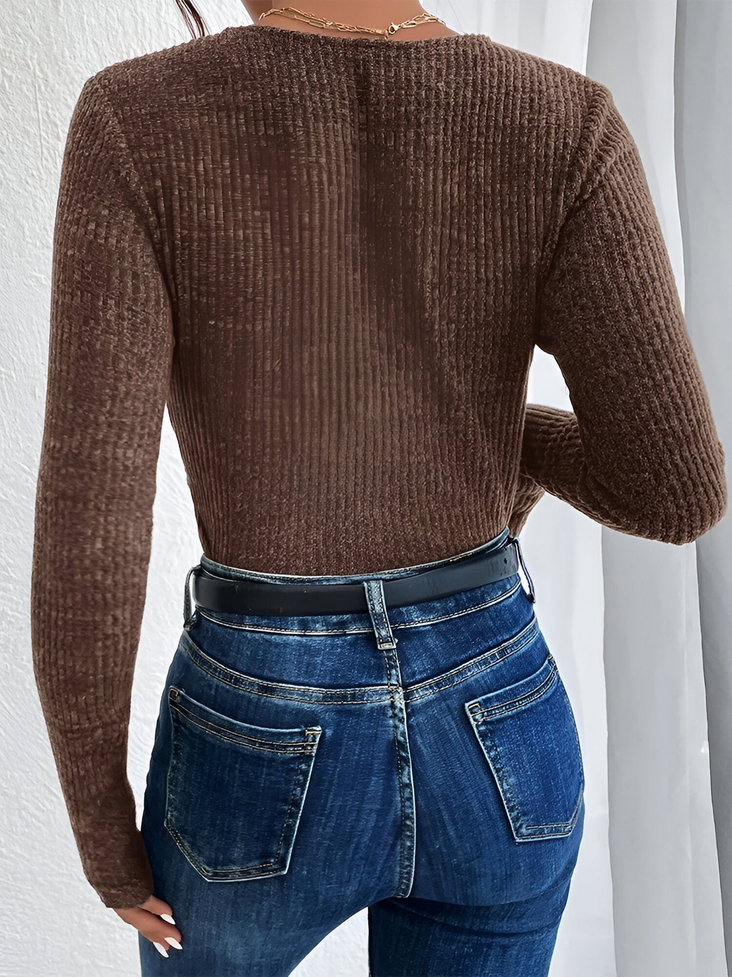 Diamond Dazzle: V-Neck Flared Brown Sweater