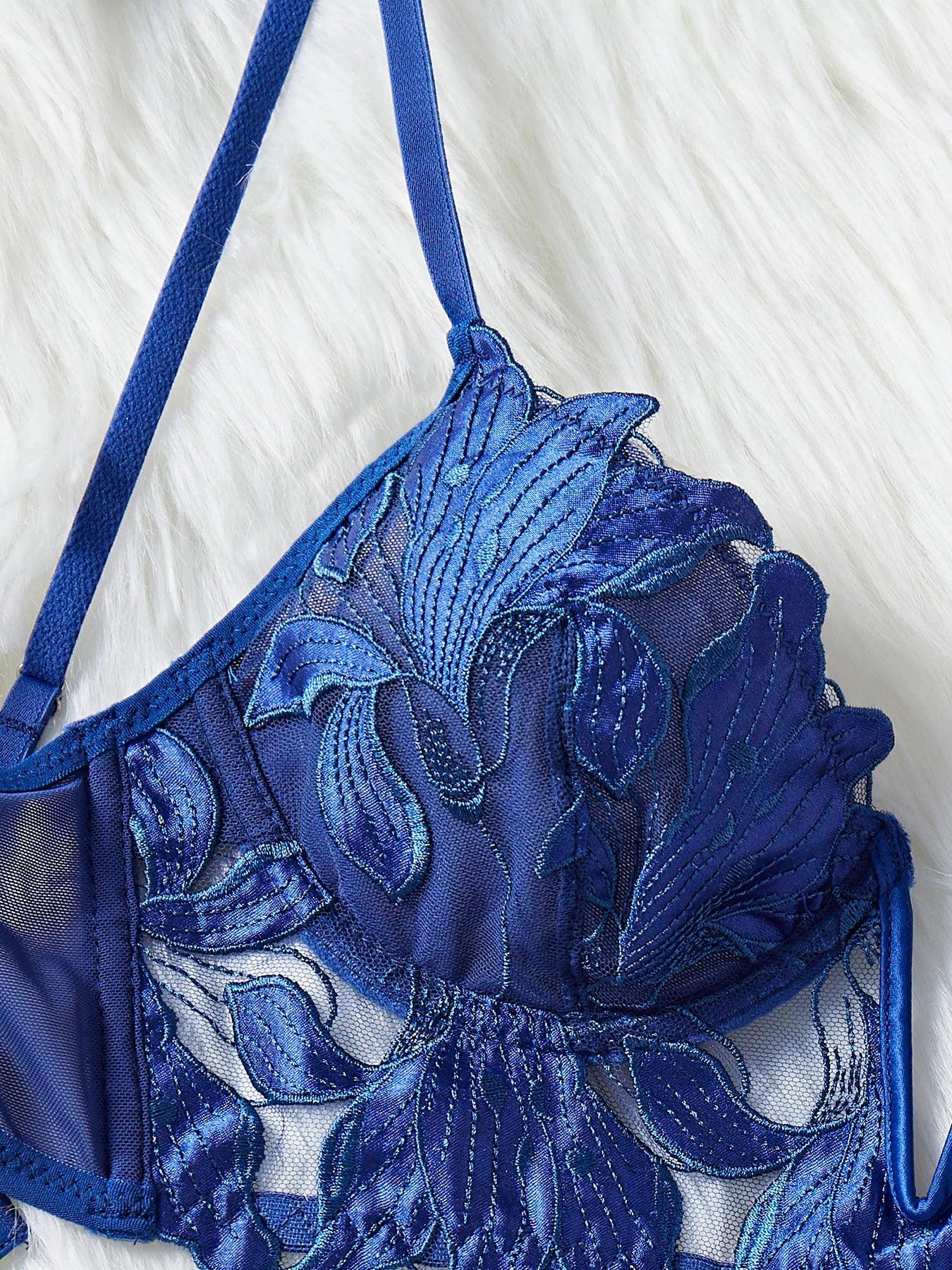 Midnight Floral Fantasy: Luxe and Seductive Blue Lingerie Sets