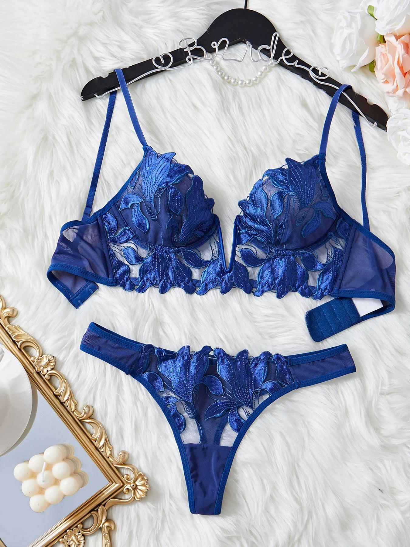 Midnight Floral Fantasy: Luxe and Seductive Blue Lingerie Sets