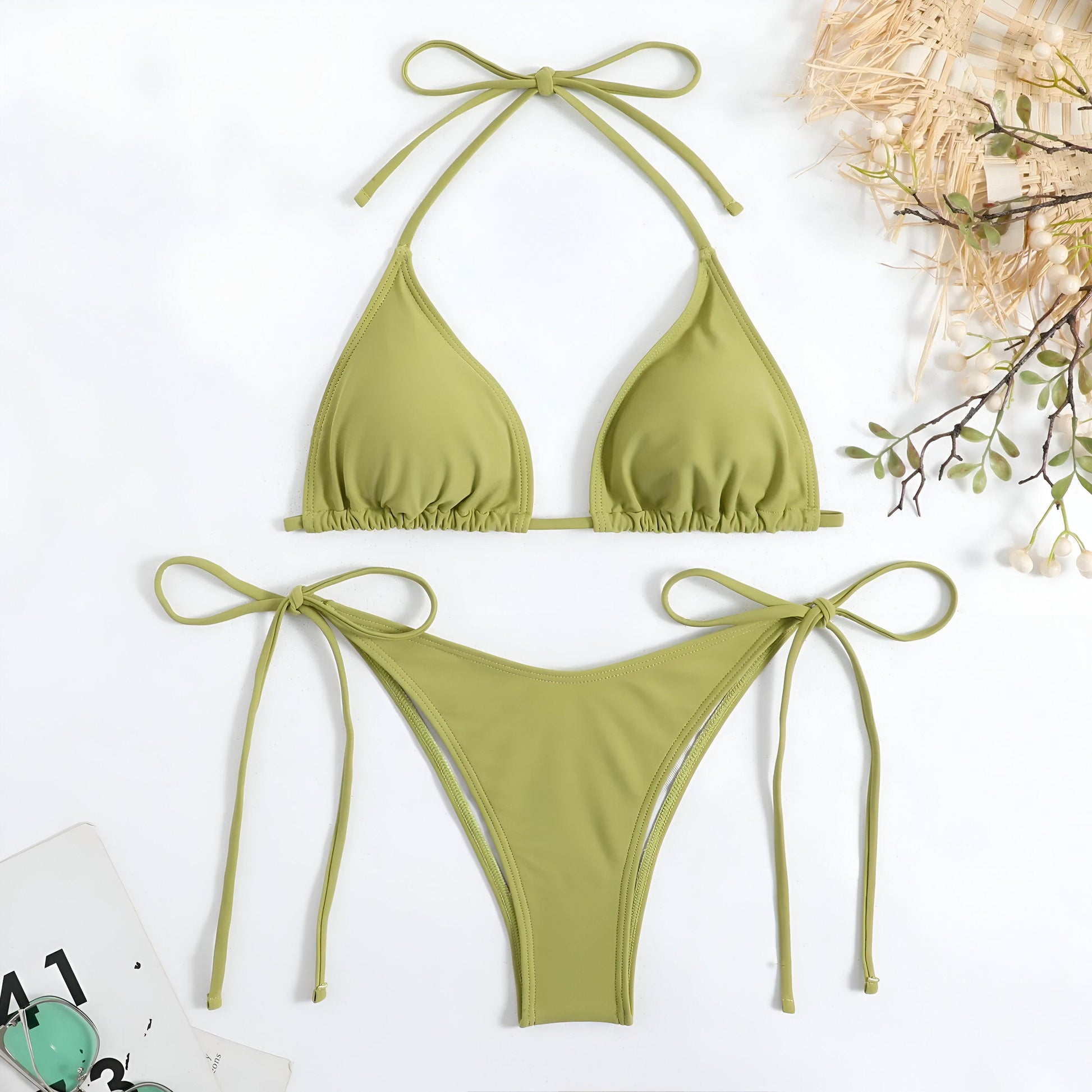 Tropical Temptation: Side Tie Thong Green Bikini Set