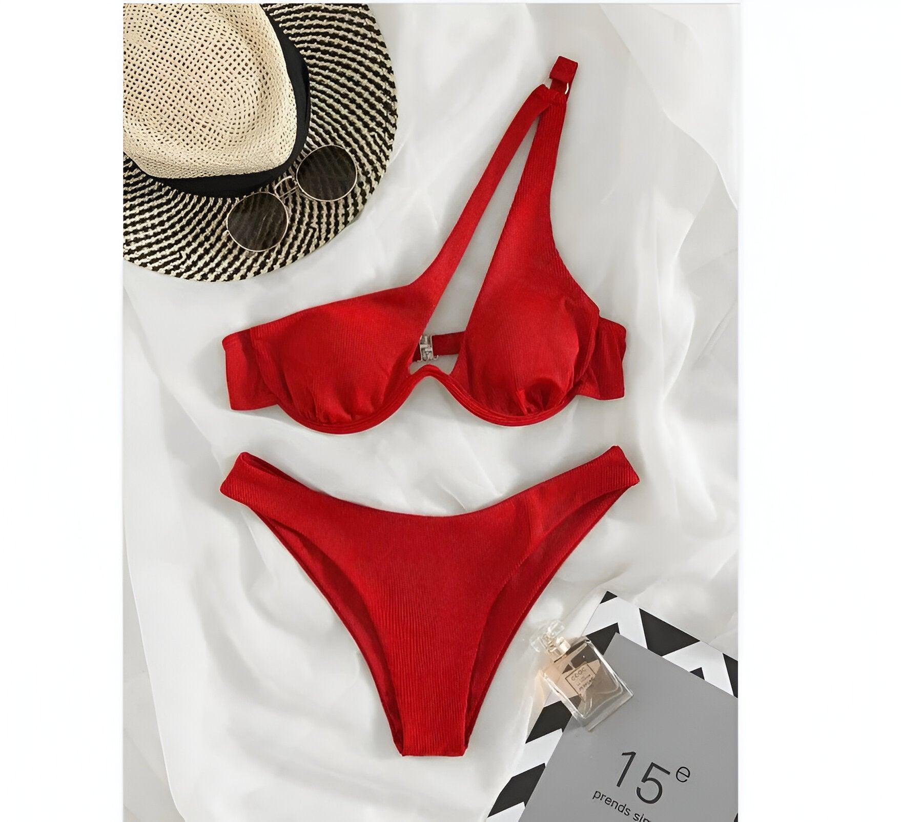 Luxury 2 Piece Patchwork One-Shoulder Red Bikini Set