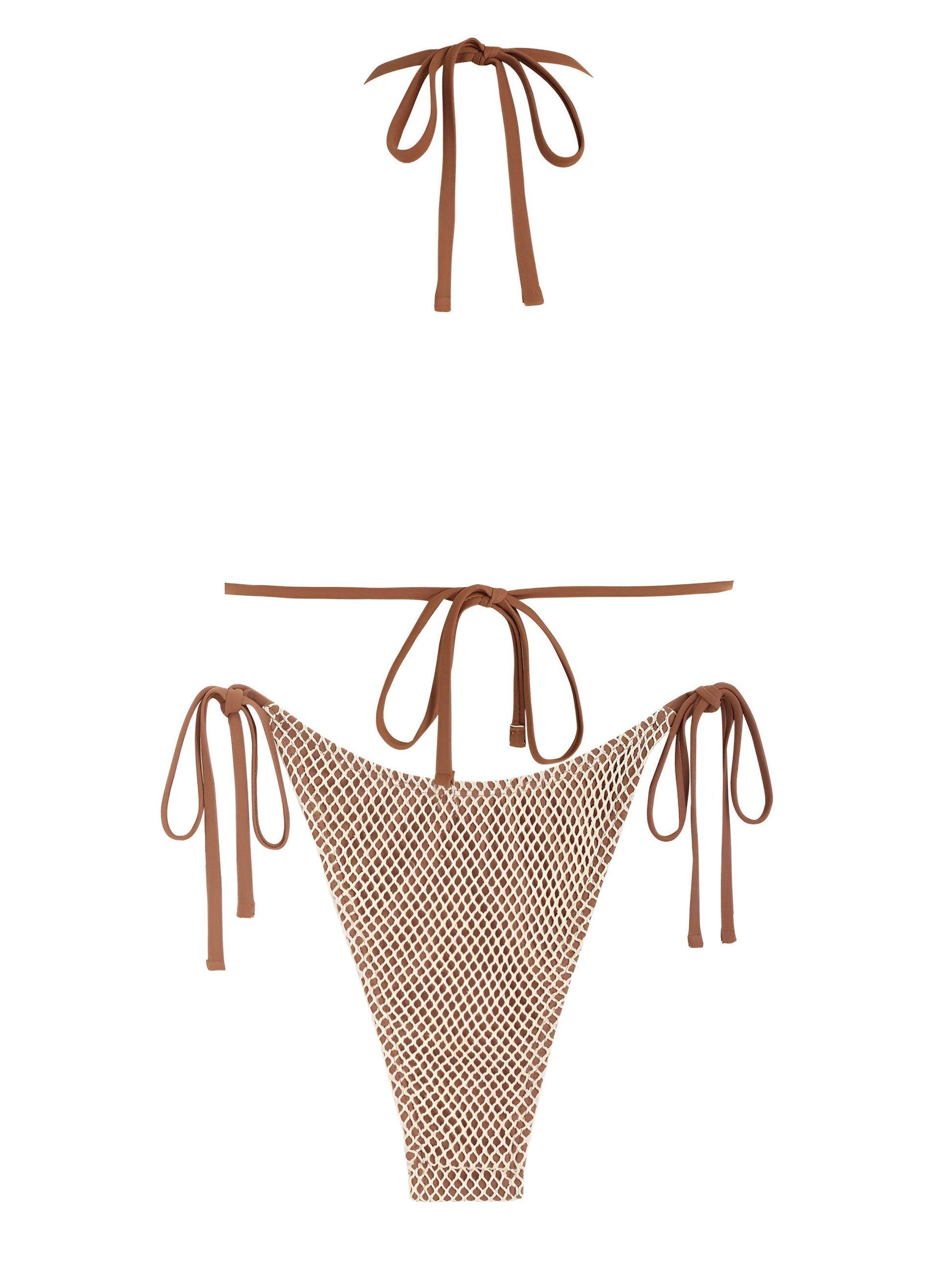 Fishnet Halter Bandeau Two-Piece Coffee Bikini Set