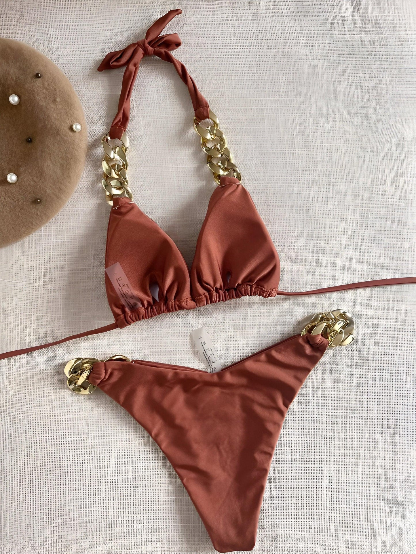 Triangle Bikini Set with Gold-Plated Accents - Luxury Brown Swimwear