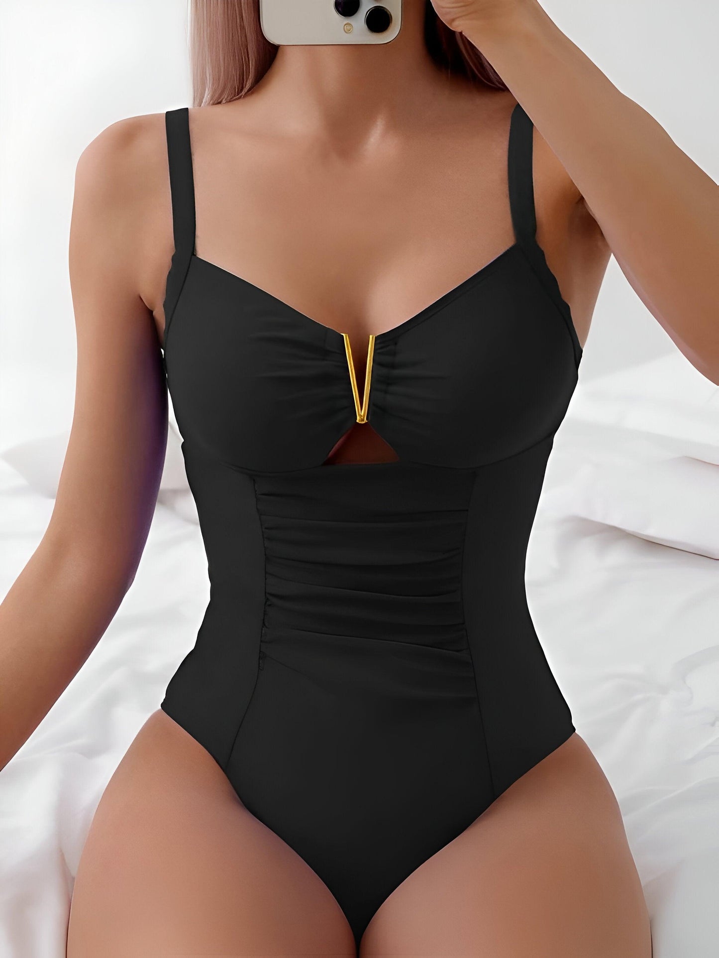 Seductive Ruched One-Piece Swimsuit - Black Color