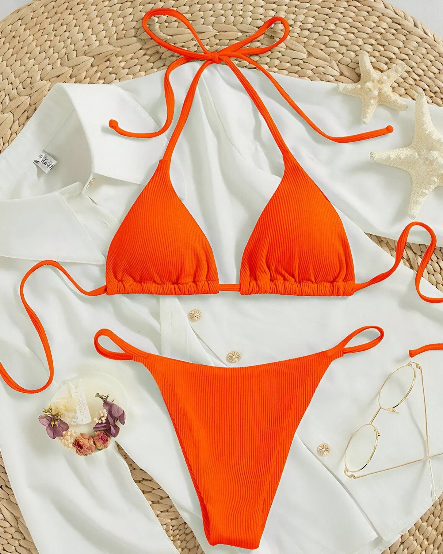 Halter Top Bikini Set: Orange High-Waisted Swimsuit