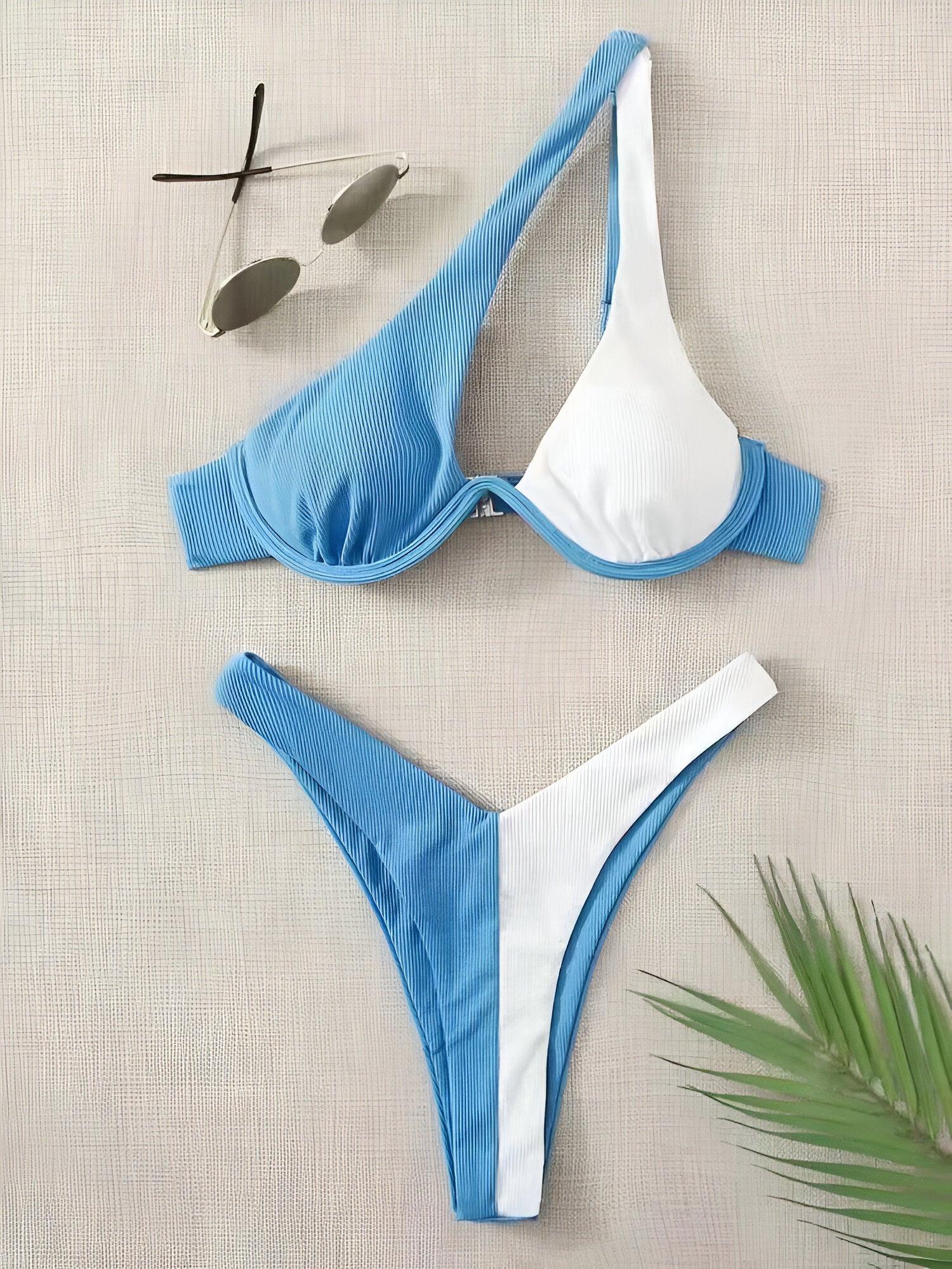 Luxury 2 Piece Patchwork One-Shoulder Baby Blue Bikini Set