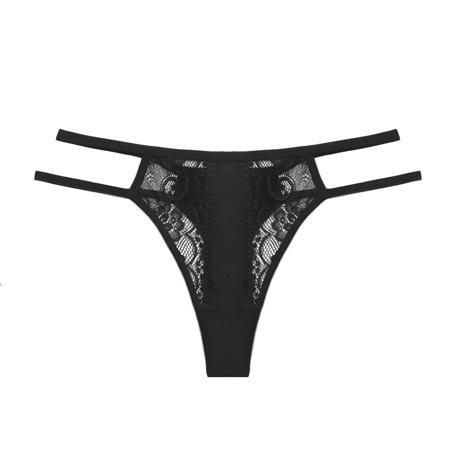 Striped Waistband Black G-String: Lace Patchwork Thong