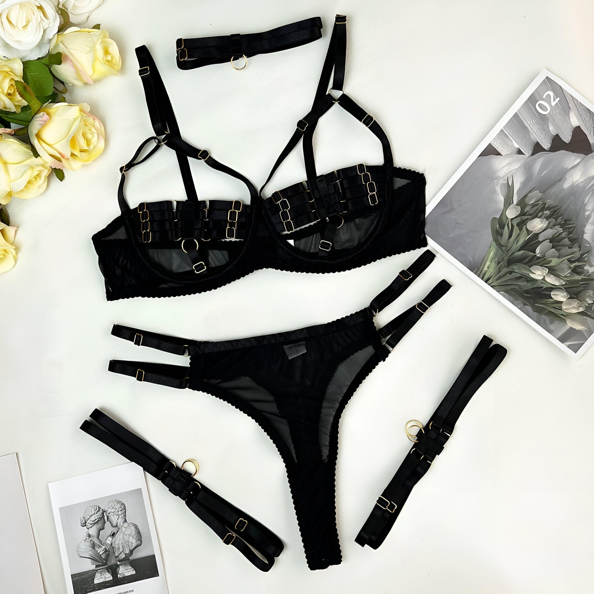 Unveiled Temptations Sensual 5-Piece Black Lingerie Set