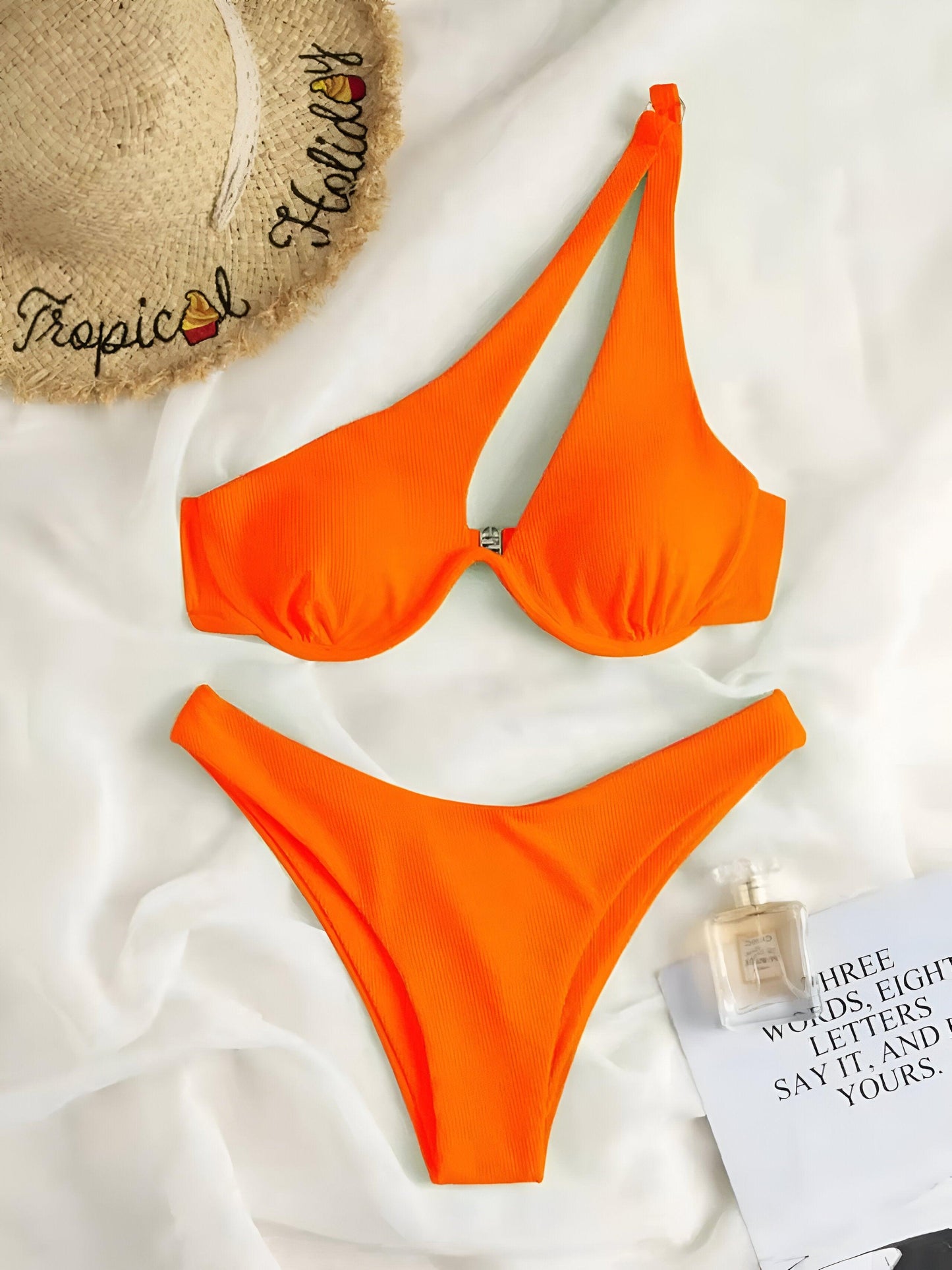 Luxury 2 Piece Patchwork One-Shoulder Orange Bikini Set