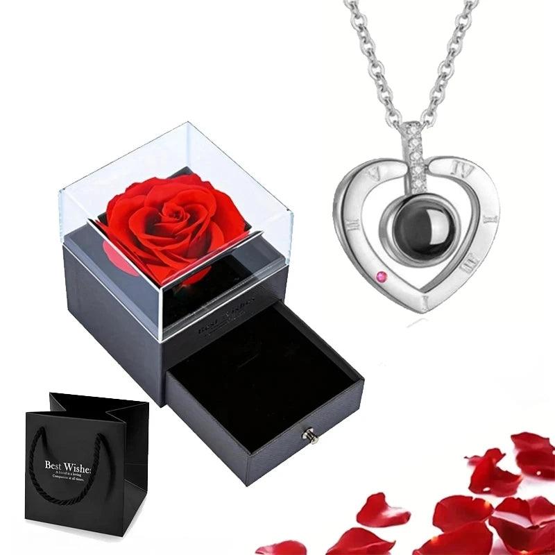 Projection Silver Necklace Set - 100 Languages 'I Love You' - Rose Gift Box