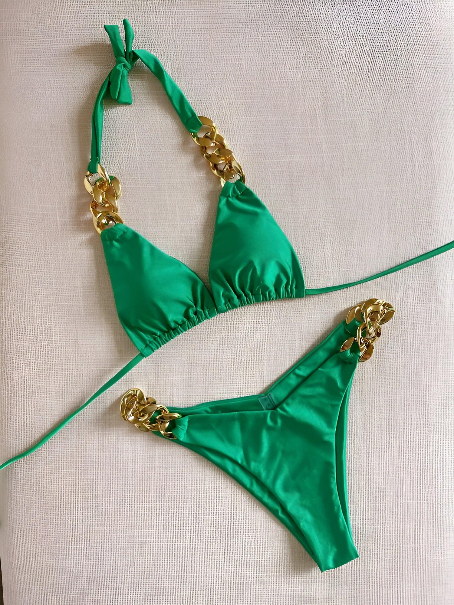 Triangle Bikini Set with Gold-Plated Accents - Luxury Green Swimwear