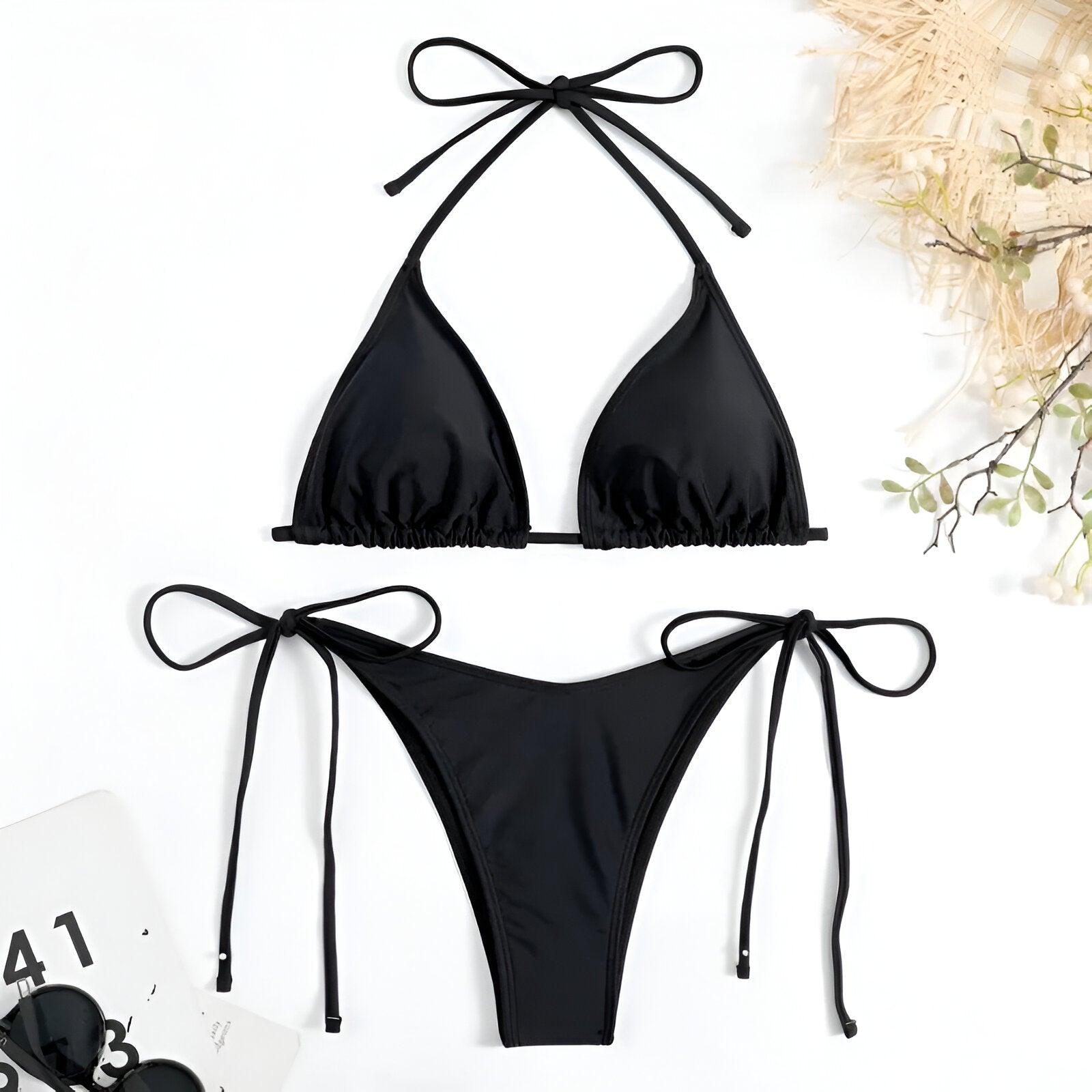 Tropical Temptation: Side Tie Thong Black Bikini Set