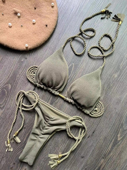 Sexy Braided Rope Bandage Bikini Set: Triangle Swimwear