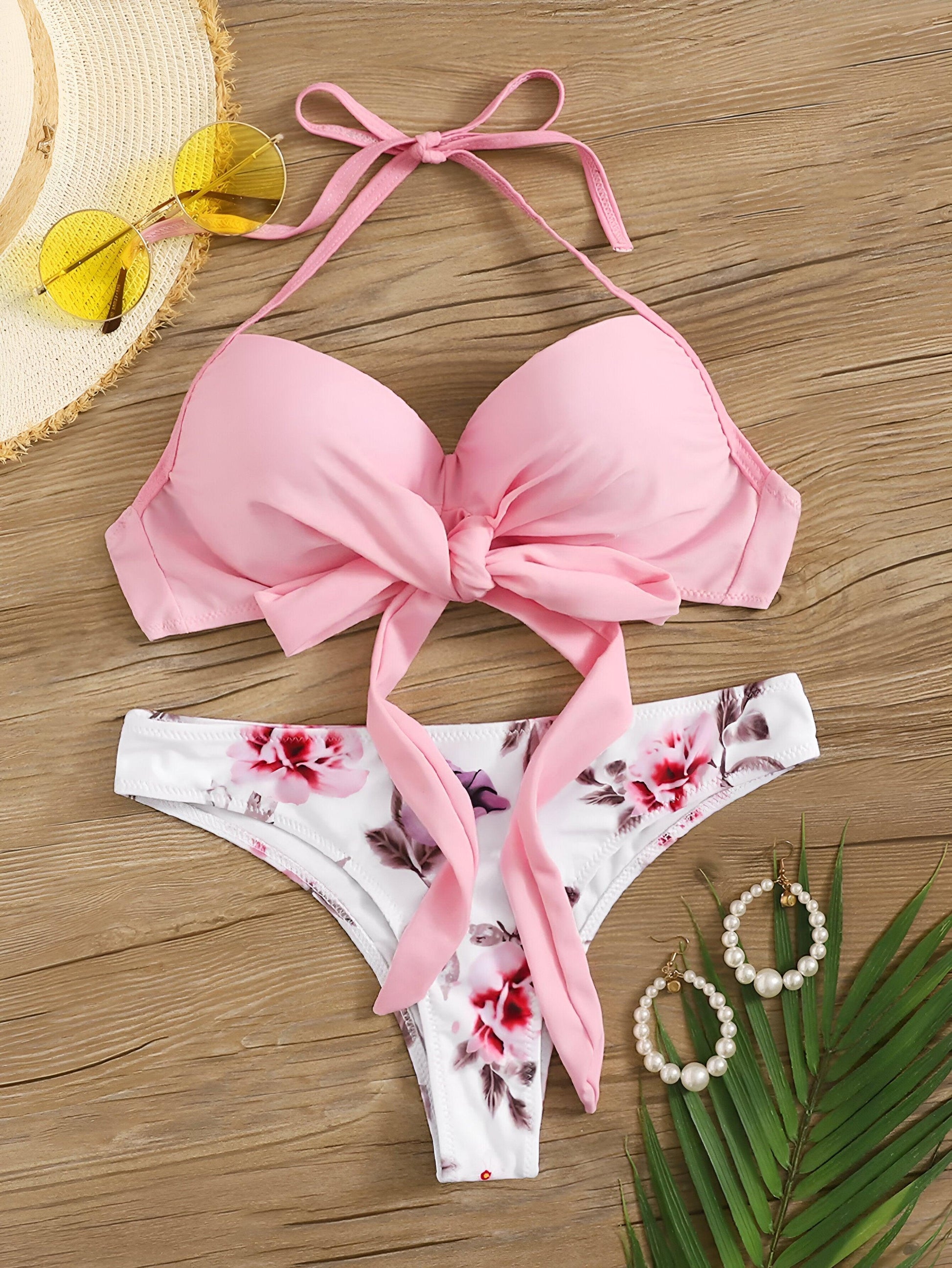 Sexy Brazilian Thong Push-Up Pink Bikini: Printed Swimwear