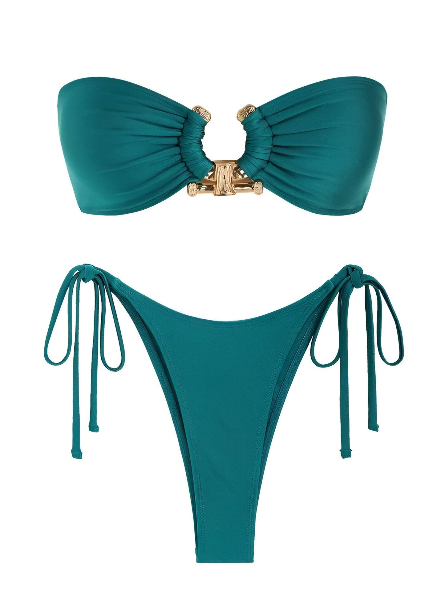 Solid O Ring Bandeau Green Bikini Set