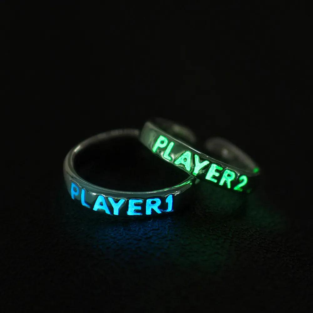 Luminous Player 1 & Player 2 Couple Rings: Glow in the Dark