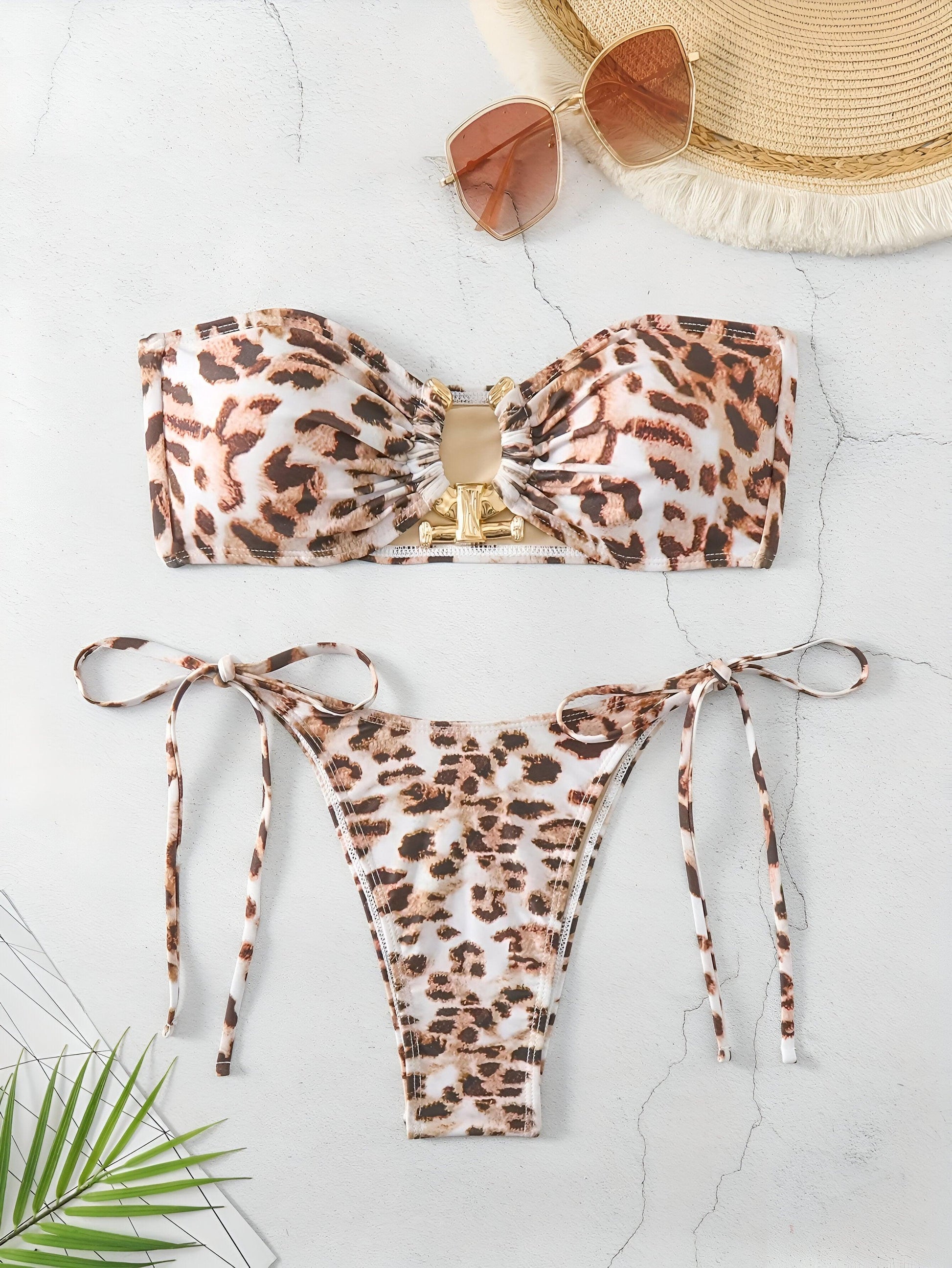 Solid O Ring Bandeau Leopard Bikini Set