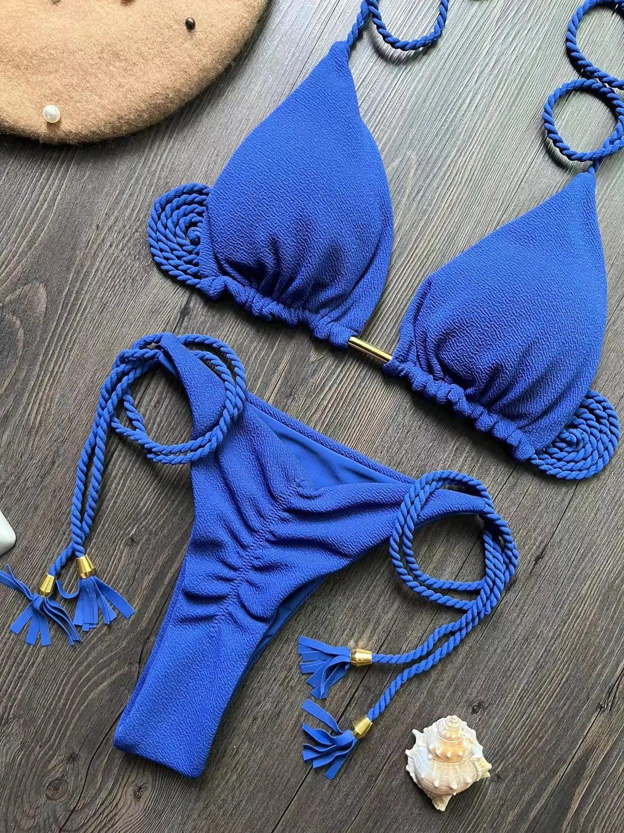 Sexy Braided Rope Bandage Bikini Set: Triangle Swimwear