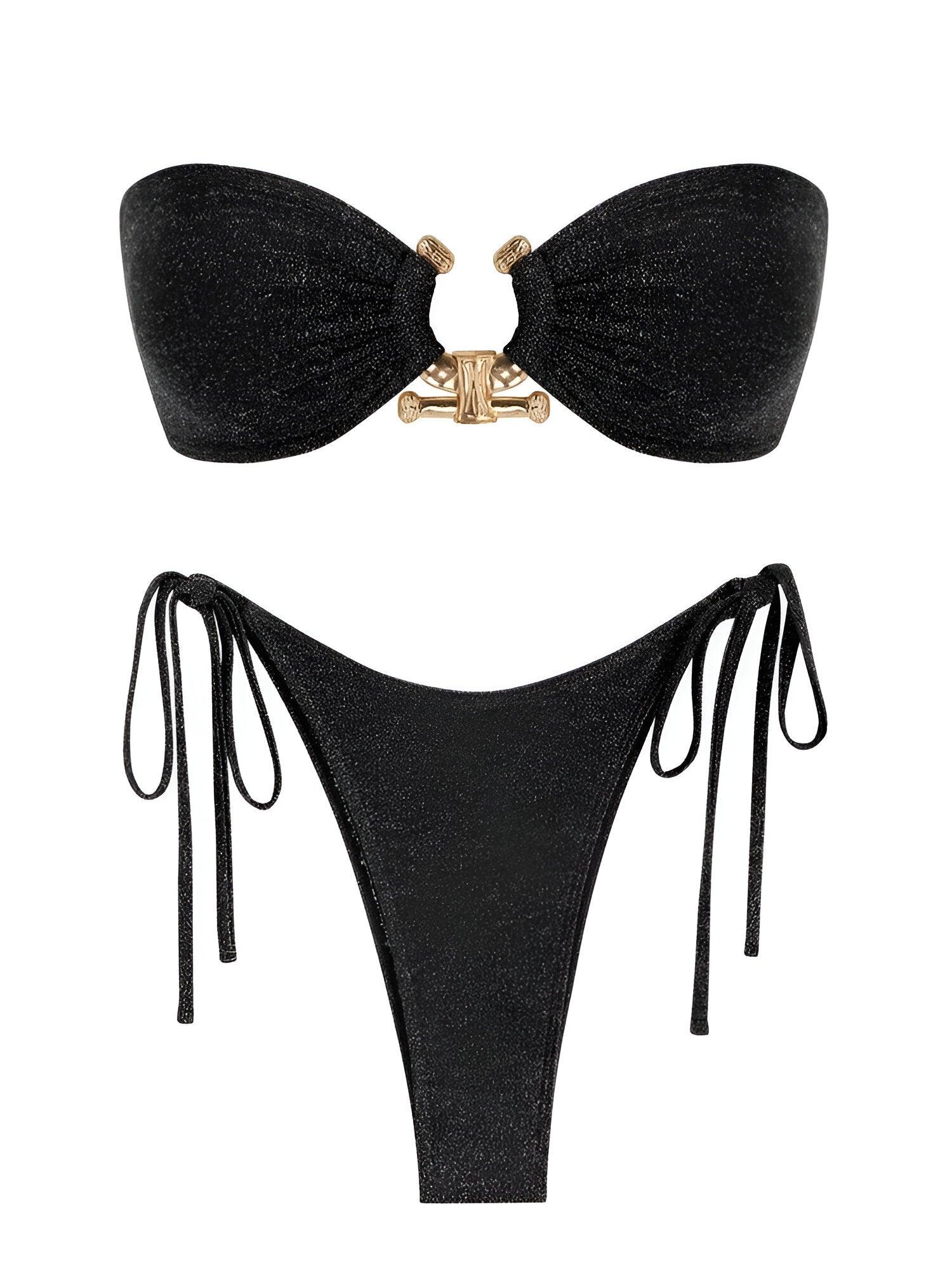 Solid O Ring Bandeau Black Bikini Set